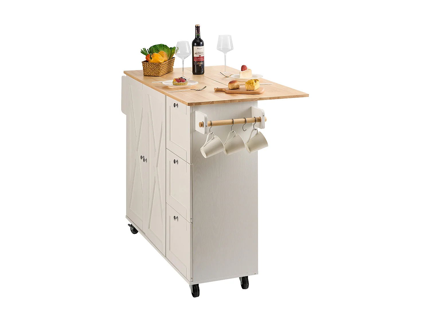 Ilot Central de Cuisine, SucceBuy Armoire de Rangement Roulante avec Chariot d'Îlot de Cuisine de 115 cm avec Tiroir et Support