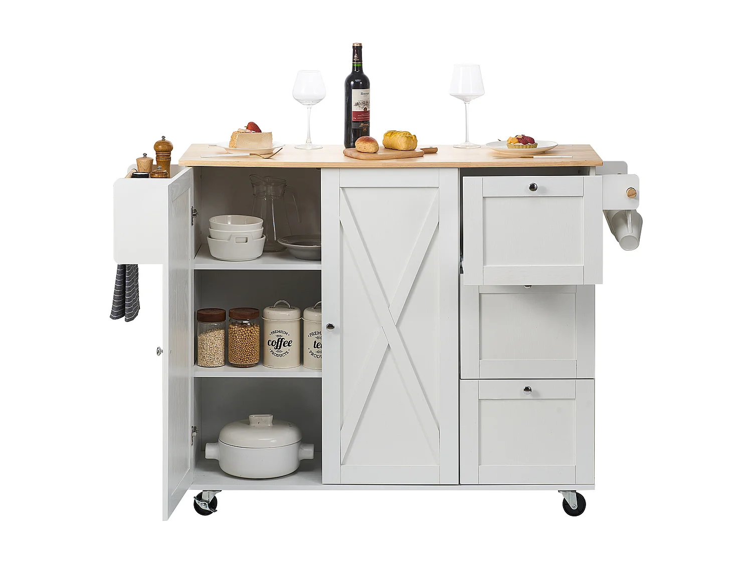 Ilot Central de Cuisine, SucceBuy Armoire de Rangement Roulante avec Chariot d'Îlot de Cuisine de 115 cm avec Tiroir et Support