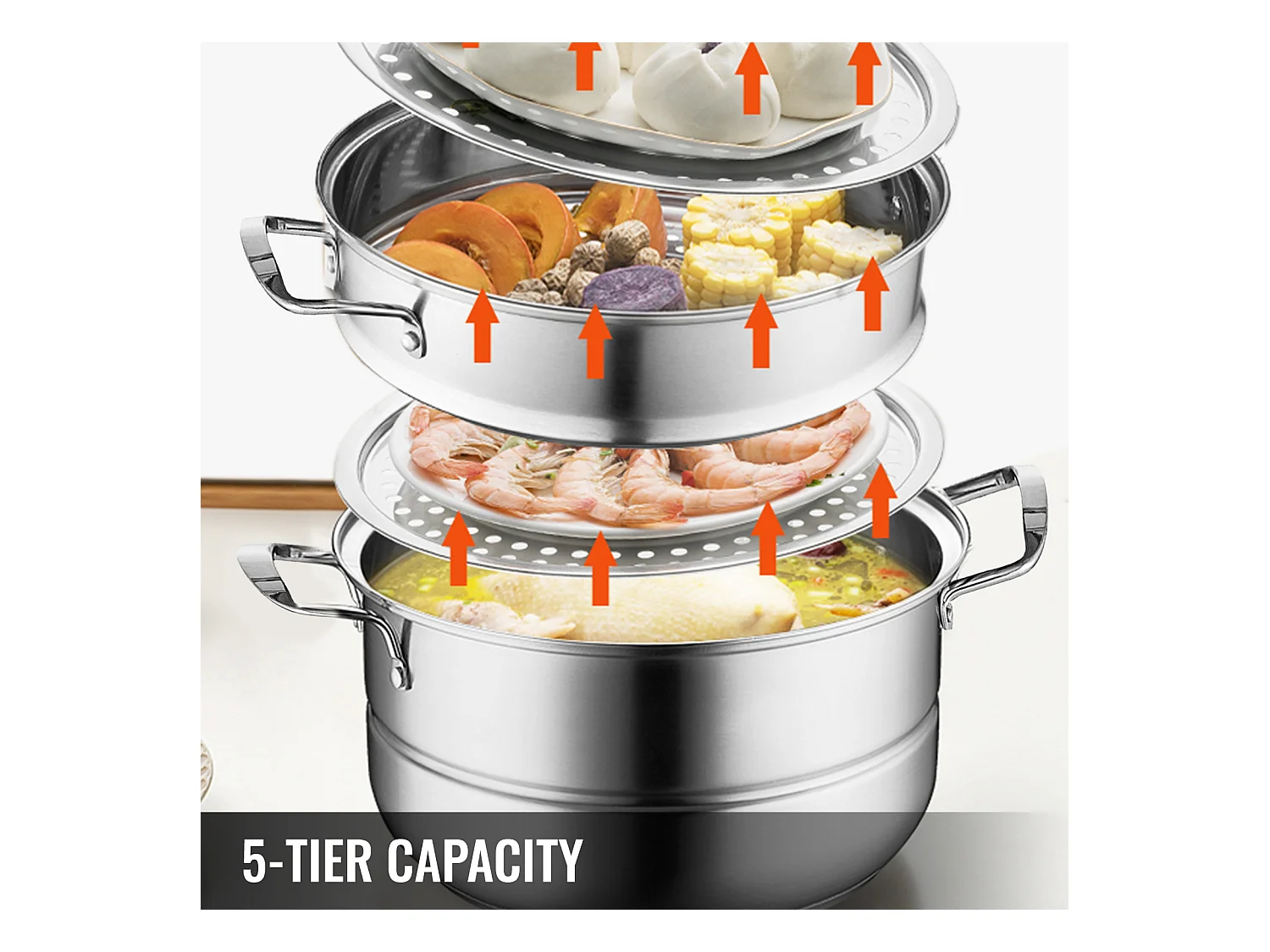 Cuiseur SucceBuy Ensemble de Cuiseur Vapeur à 5 Niveaux en Acier Inoxydable de 30 cm avec Couvercle en Verre - Design Élégant et Polyvalent