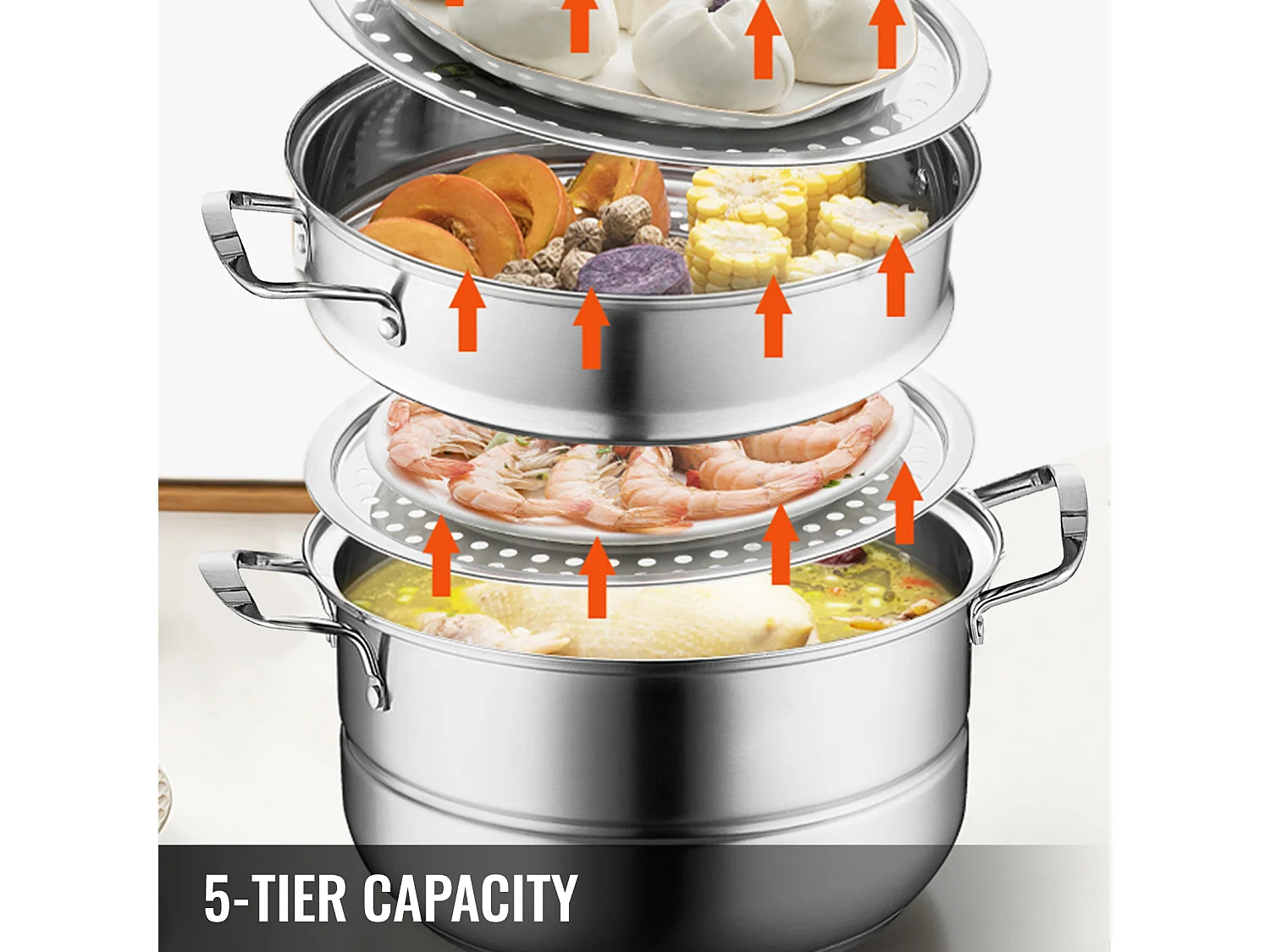 Cuiseur SucceBuy Ensemble de Cuiseur Vapeur à 5 Niveaux en Acier Inoxydable de 30 cm avec Couvercle en Verre - Design Élégant et Polyvalent