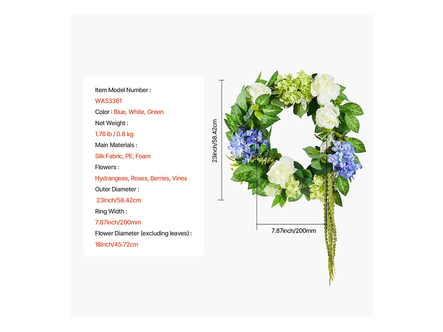 Plante Artificiel, SucceBuy Couronne Artificielle 58 cm (Bleu/Blanc/Vert avec Hortensias et Roses)