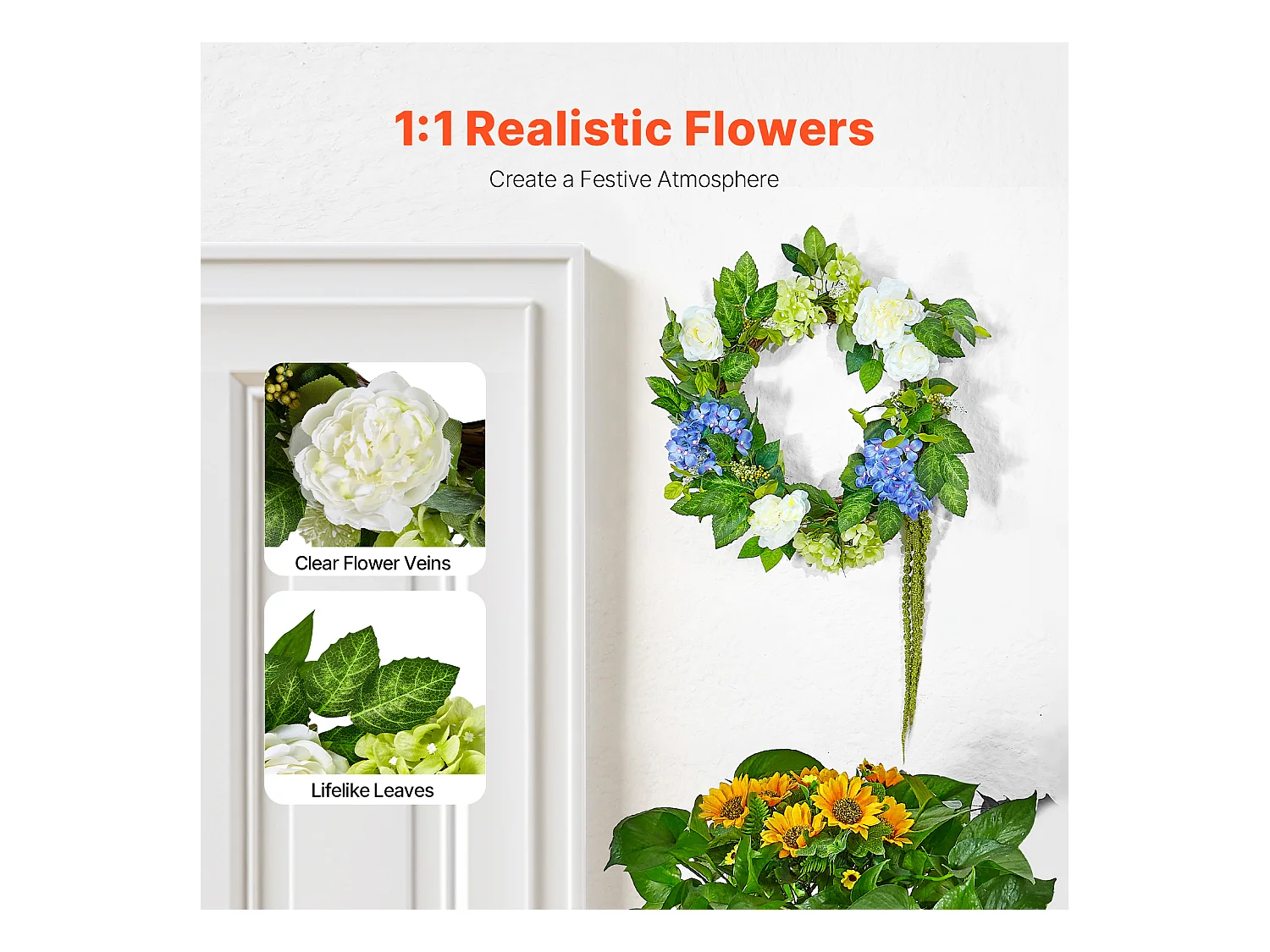 Plante Artificiel, SucceBuy Couronne Artificielle 58 cm (Bleu/Blanc/Vert avec Hortensias et Roses)