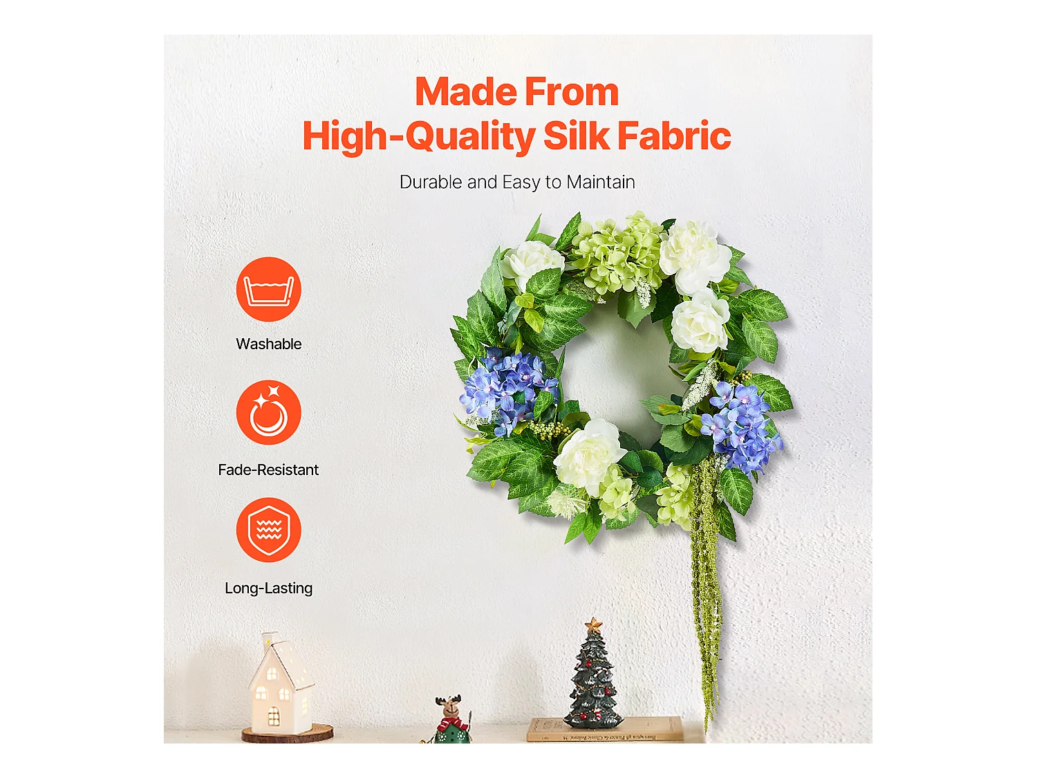 Plante Artificiel, SucceBuy Couronne Artificielle 58 cm (Bleu/Blanc/Vert avec Hortensias et Roses)