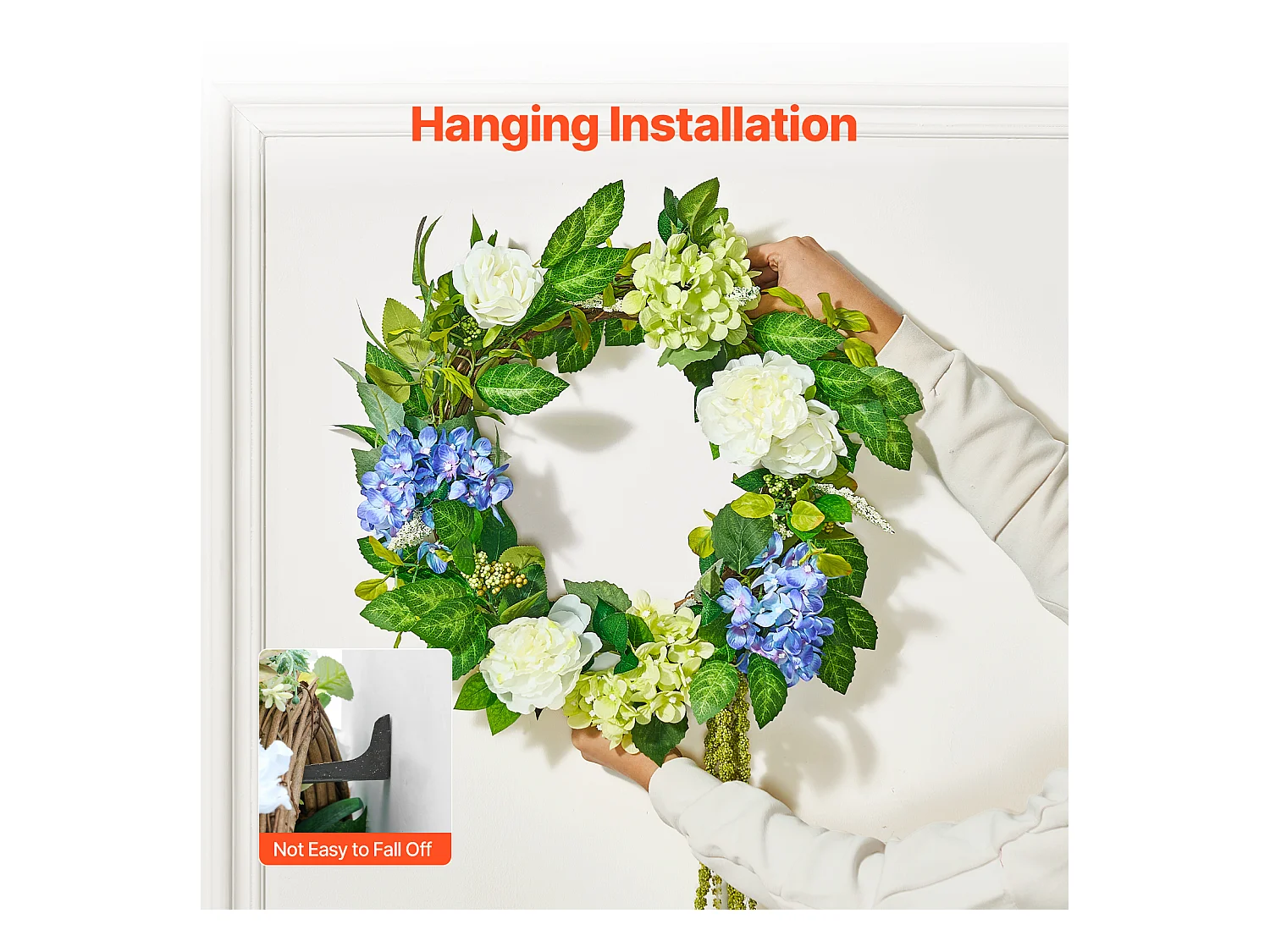 Plante Artificiel, SucceBuy Couronne Artificielle 58 cm (Bleu/Blanc/Vert avec Hortensias et Roses)