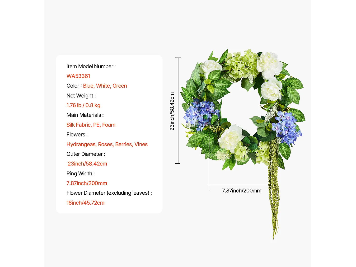 Sztuczna Roślina, SucceBuy Sztuczny Wieniec 58 cm (Niebieski/Biały/Zielony z Hortensjami i Różami)