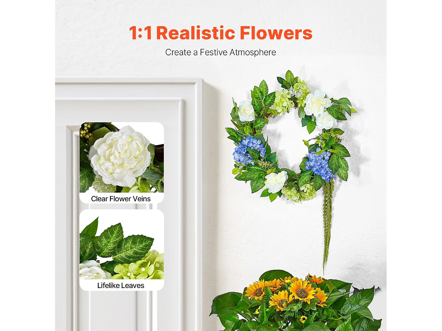 Sztuczna Roślina, SucceBuy Sztuczny Wieniec 58 cm (Niebieski/Biały/Zielony z Hortensjami i Różami)