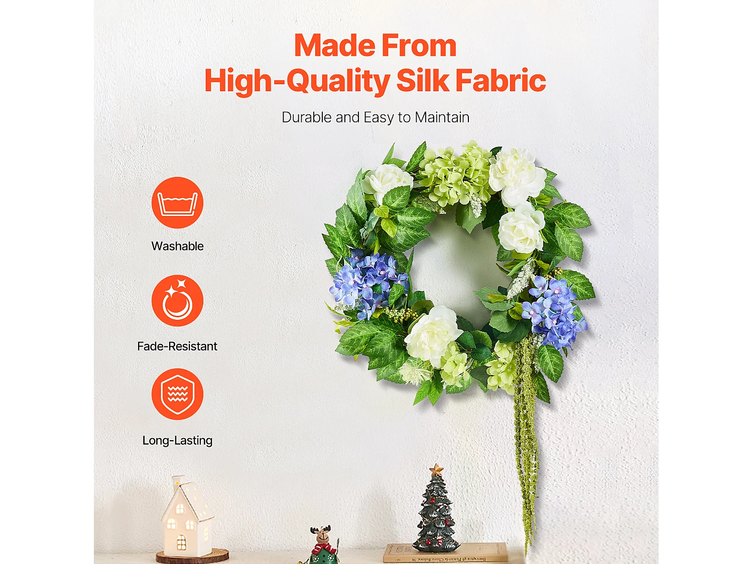 Sztuczna Roślina, SucceBuy Sztuczny Wieniec 58 cm (Niebieski/Biały/Zielony z Hortensjami i Różami)