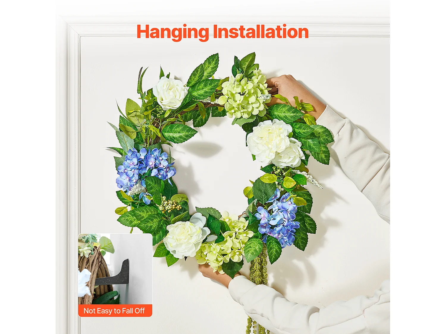 Sztuczna Roślina, SucceBuy Sztuczny Wieniec 58 cm (Niebieski/Biały/Zielony z Hortensjami i Różami)