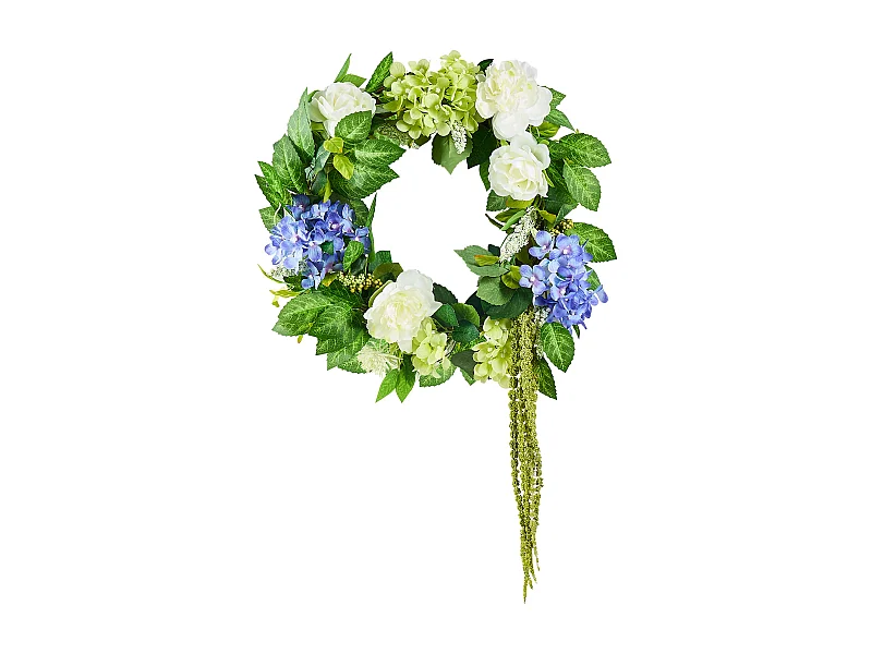 Kunstplant, SucceBuy Kunstmatige Krans 58 cm (Blauw/Wit/Groen met Hortensia's en Rozen)
