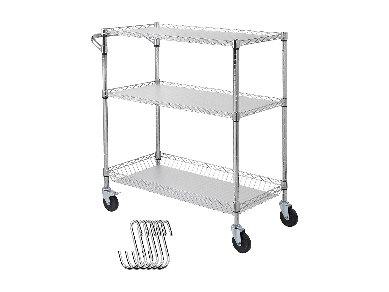 Carrinho de Cozinha, SucceBuy Carrinho Utilitário de 3 Andares com Rodízios 89 × 46 × 90 cm 300 kg 6 Ganchos