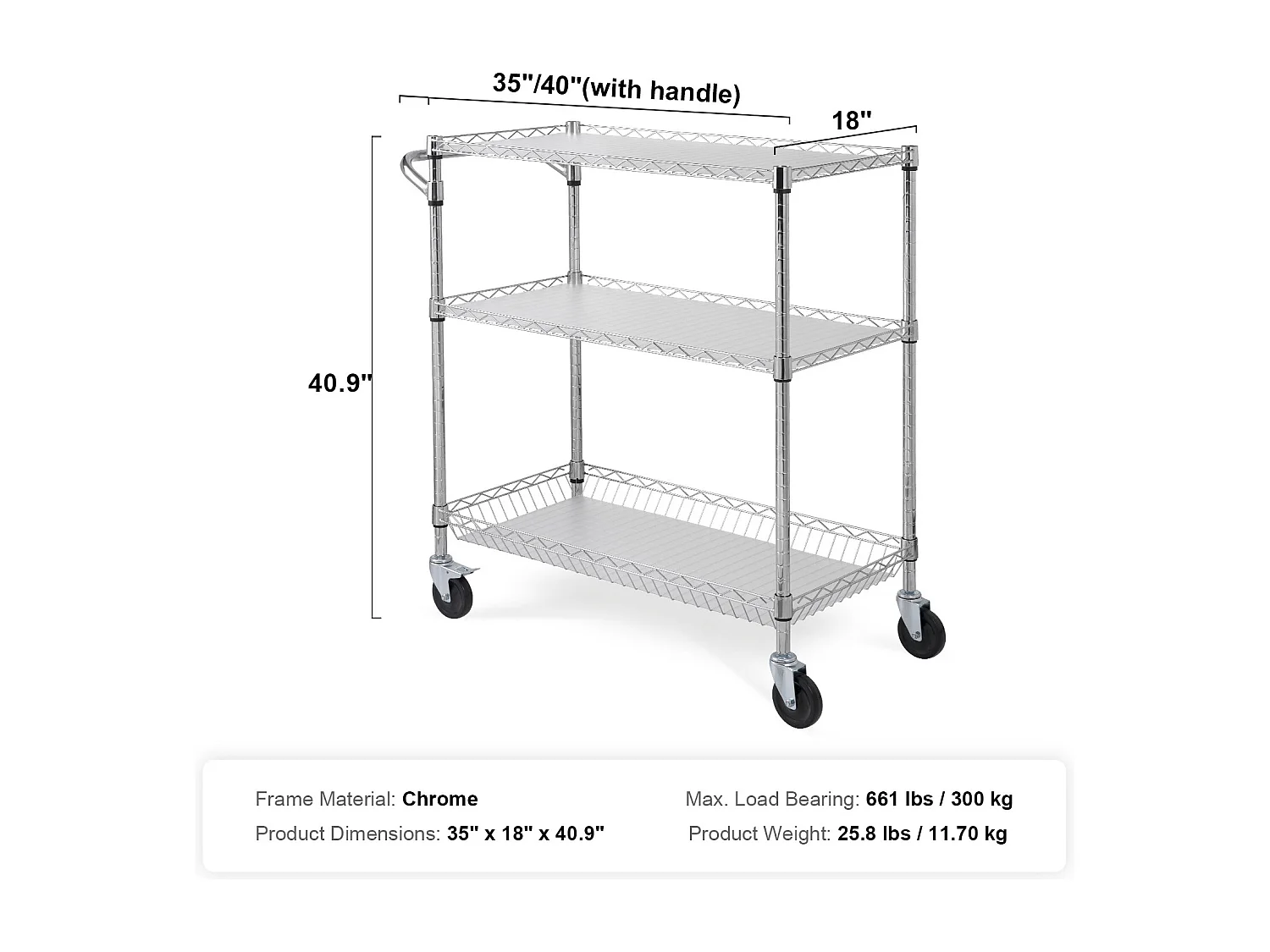 Carrinho de Cozinha, SucceBuy Carrinho Utilitário de 3 Andares com Rodízios 89 × 46 × 90 cm 300 kg 6 Ganchos