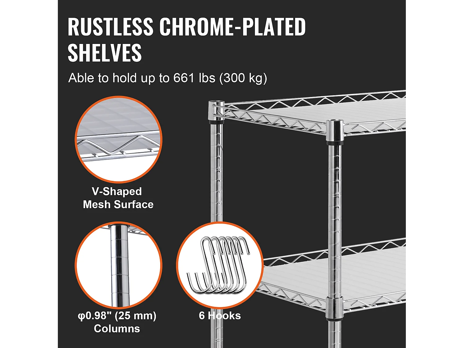 Carrinho de Cozinha, SucceBuy Carrinho Utilitário de 3 Andares com Rodízios 89 × 46 × 90 cm 300 kg 6 Ganchos