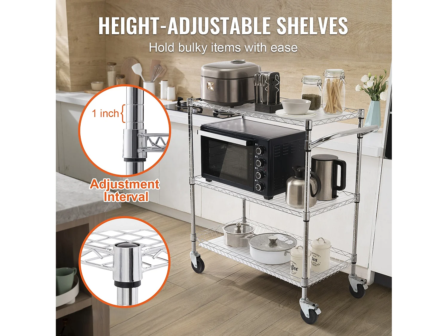 Carrinho de Cozinha, SucceBuy Carrinho Utilitário de 3 Andares com Rodízios 89 × 46 × 90 cm 300 kg 6 Ganchos