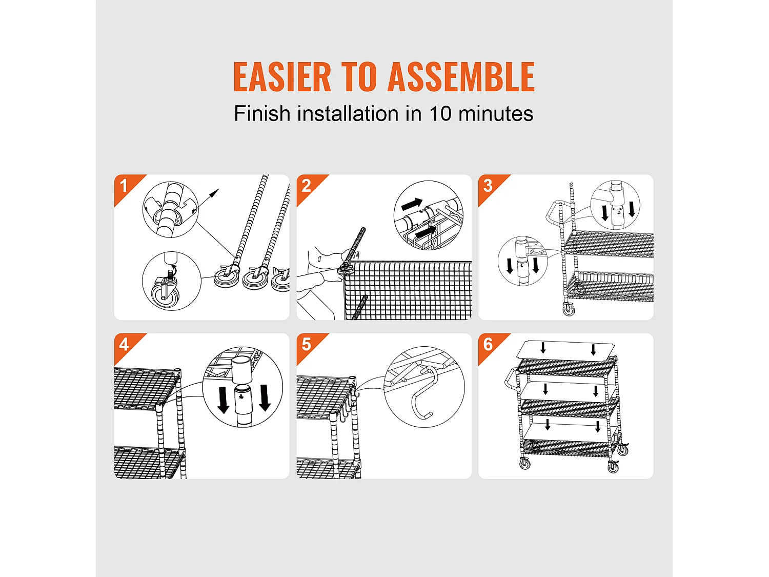 Carrinho de Cozinha, SucceBuy Carrinho Utilitário de 3 Andares com Rodízios 89 × 46 × 90 cm 300 kg 6 Ganchos