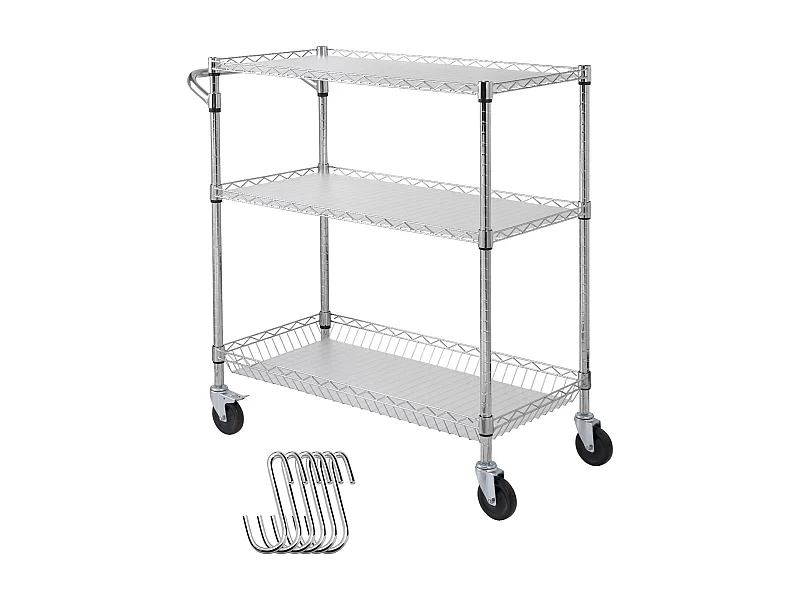 Carrinho de Cozinha, SucceBuy Carrinho Utilitário de 3 Andares com Rodízios 89 × 46 × 90 cm 300 kg 6 Ganchos