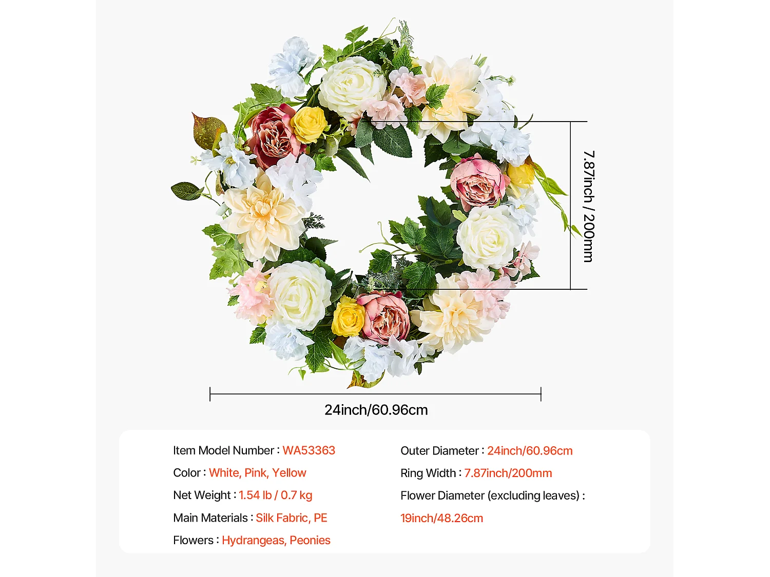 Plante Artificiel, SucceBuy Couronne Artificielle 61 cm (Pivoines Blanches, Roses, Hortensias Jaunes)