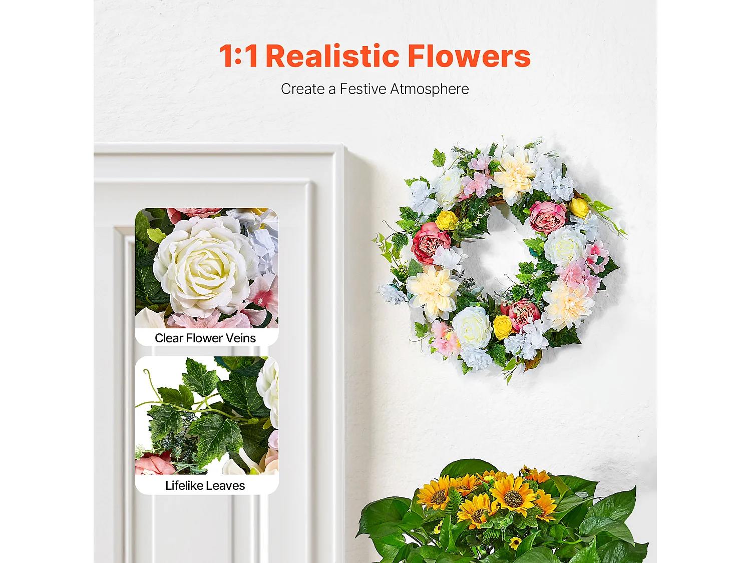 Plante Artificiel, SucceBuy Couronne Artificielle 61 cm (Pivoines Blanches, Roses, Hortensias Jaunes)