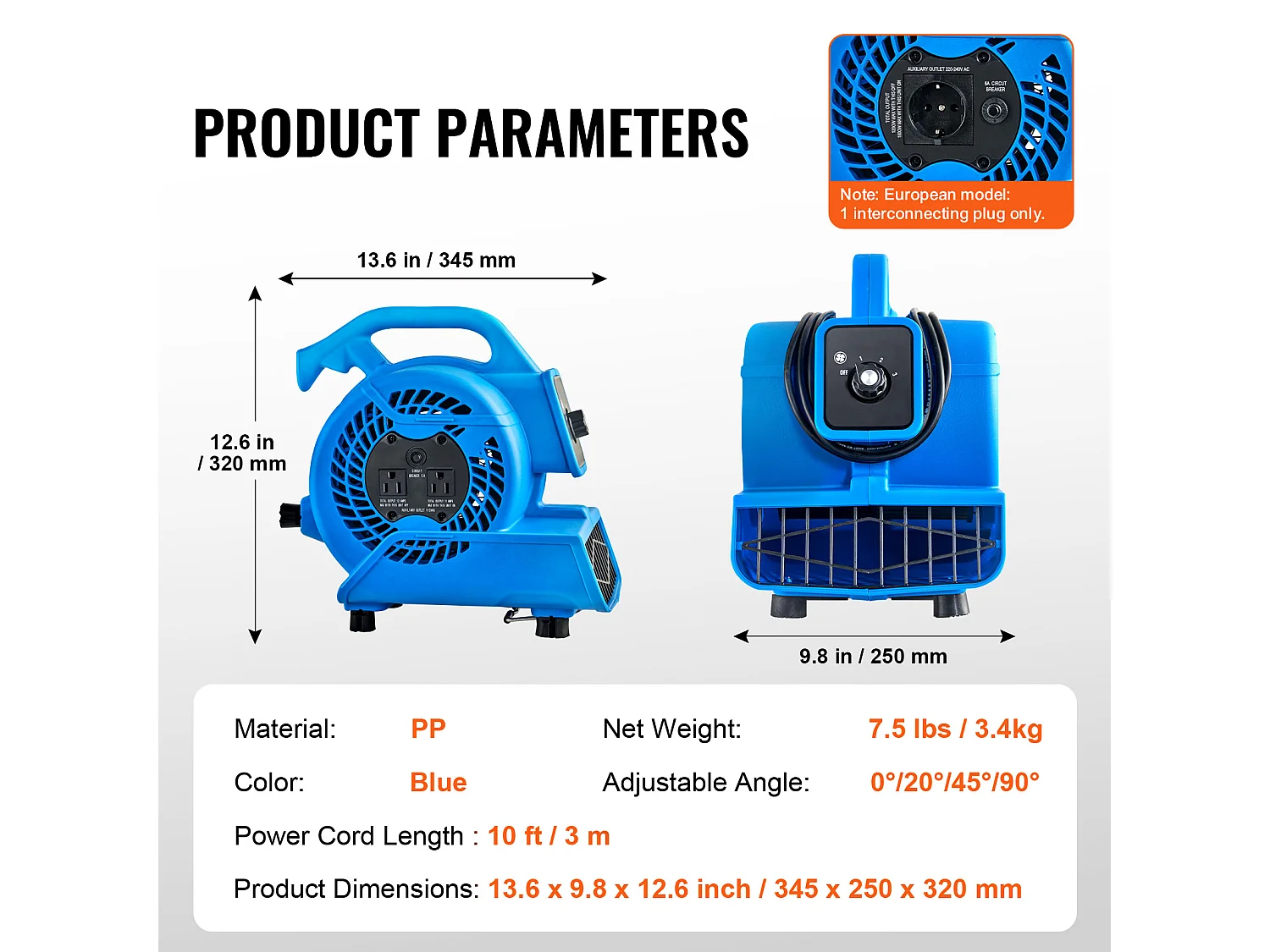 Soffiatore da Pavimento SucceBuy - 1360 giri/min, 600 CFM, 4 Angoli di Soffiaggio, 3 Velocità, Portatile per Asciugatura e Raffreddamento