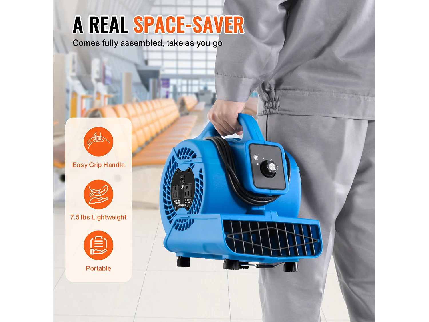 Soffiatore da Pavimento SucceBuy - 1360 giri/min, 600 CFM, 4 Angoli di Soffiaggio, 3 Velocità, Portatile per Asciugatura e Raffreddamento