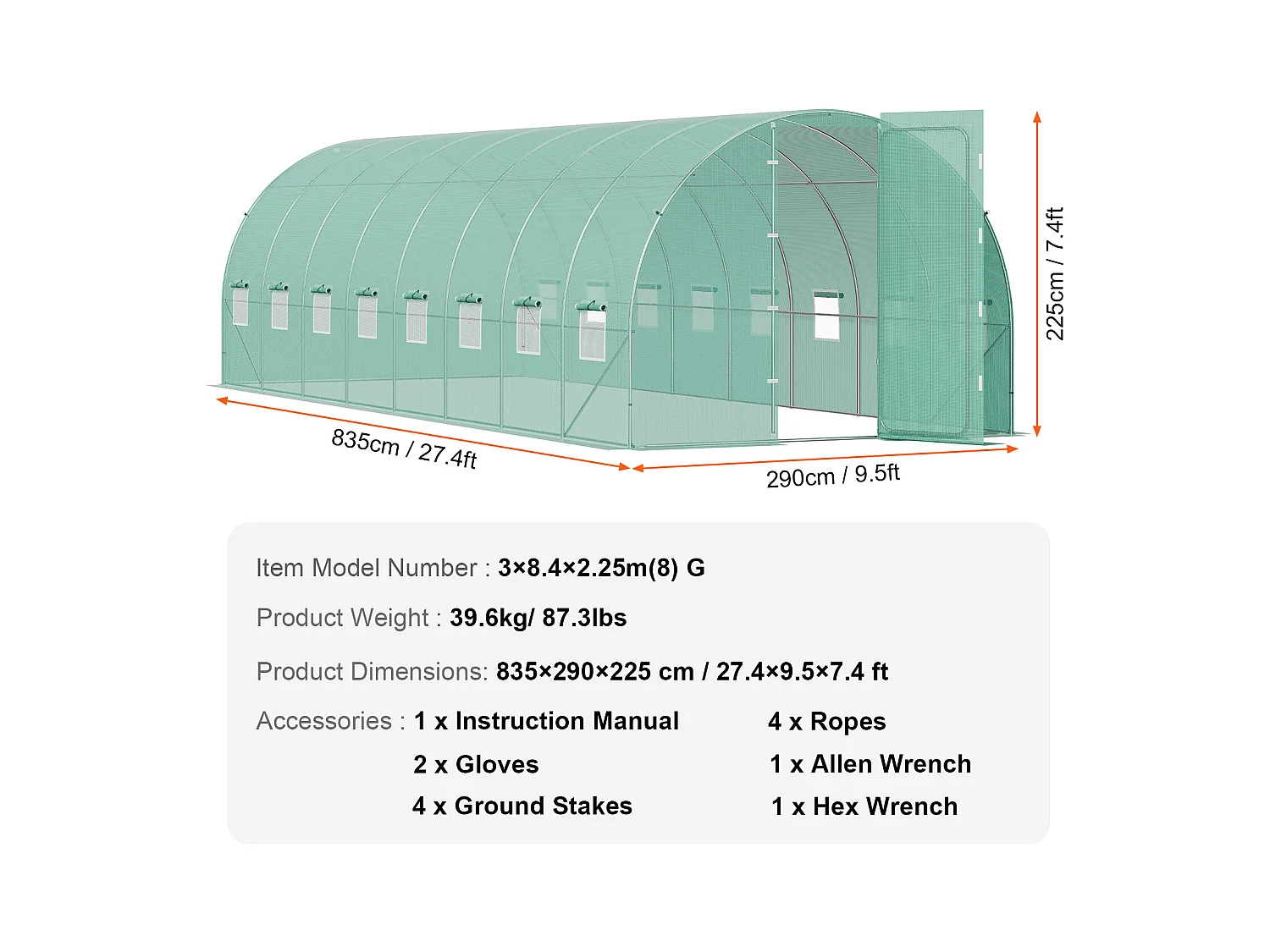 Serre Tunnel SucceBuy, Serre Tunnel de Plain-Pied, 835x290x225 cm, avec Cadre Galvanisé et Couverture en PE, Vert