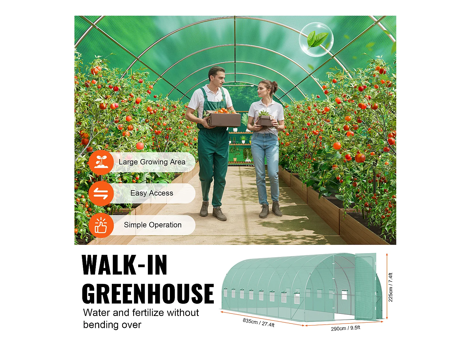 Serre Tunnel SucceBuy, Serre Tunnel de Plain-Pied, 835x290x225 cm, avec Cadre Galvanisé et Couverture en PE, Vert