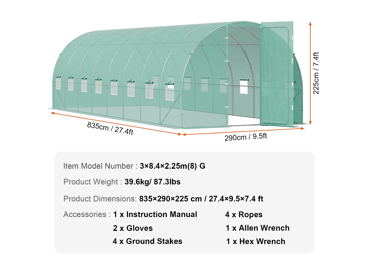 Serre Tunnel SucceBuy, Serre Tunnel de Plain-Pied, 835x290x225 cm, avec Cadre Galvanisé et Couverture en PE, Vert