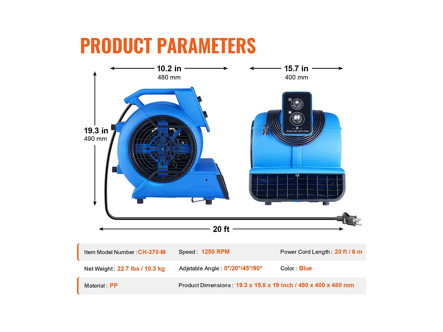 Souffleur de Sol SucceBuy - 1250 tr/min, 2600 pi3/min, 4 Angles de Soufflage, 3 Vitesses, Portable pour le Séchage et le Refroidissement