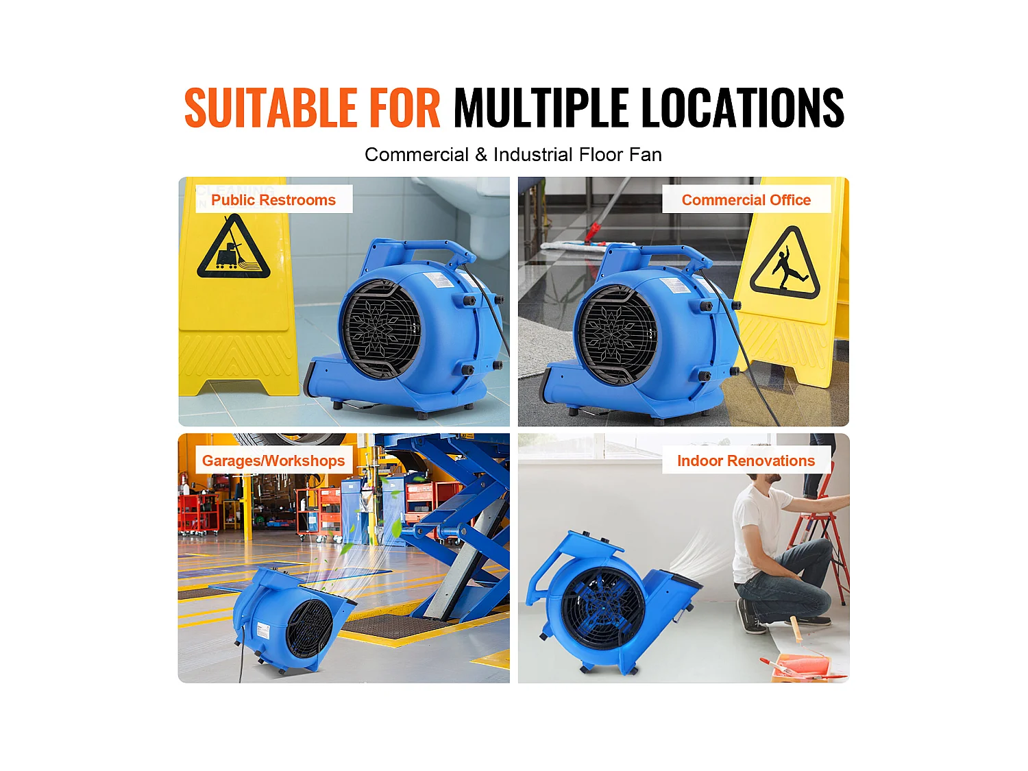 Souffleur de Sol SucceBuy - 1250 tr/min, 2600 pi3/min, 4 Angles de Soufflage, 3 Vitesses, Portable pour le Séchage et le Refroidissement