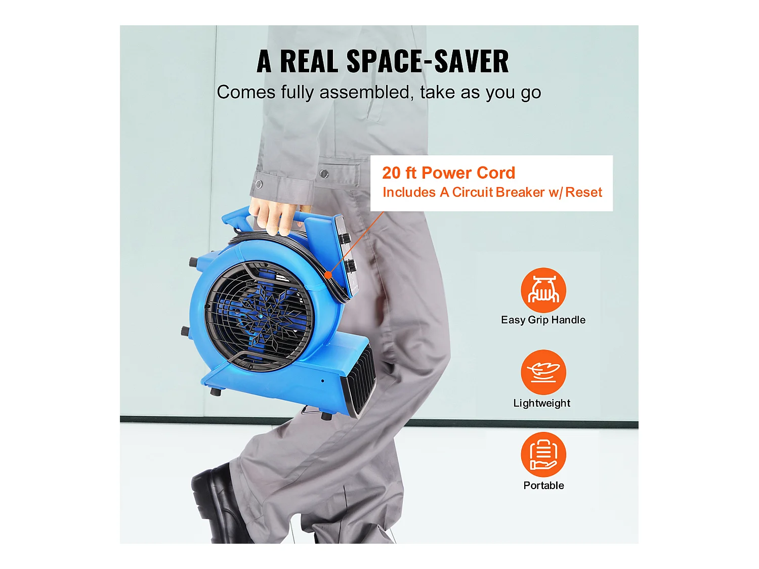 Souffleur de Sol SucceBuy - 1250 tr/min, 2600 pi3/min, 4 Angles de Soufflage, 3 Vitesses, Portable pour le Séchage et le Refroidissement