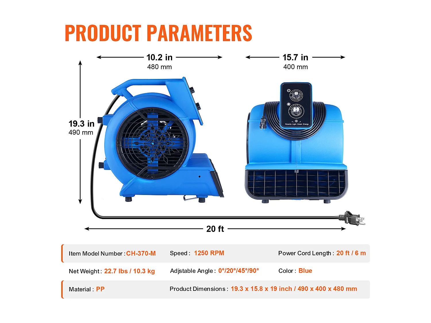 Souffleur de Sol SucceBuy - 1250 tr/min, 2600 pi3/min, 4 Angles de Soufflage, 3 Vitesses, Portable pour le Séchage et le Refroidissement