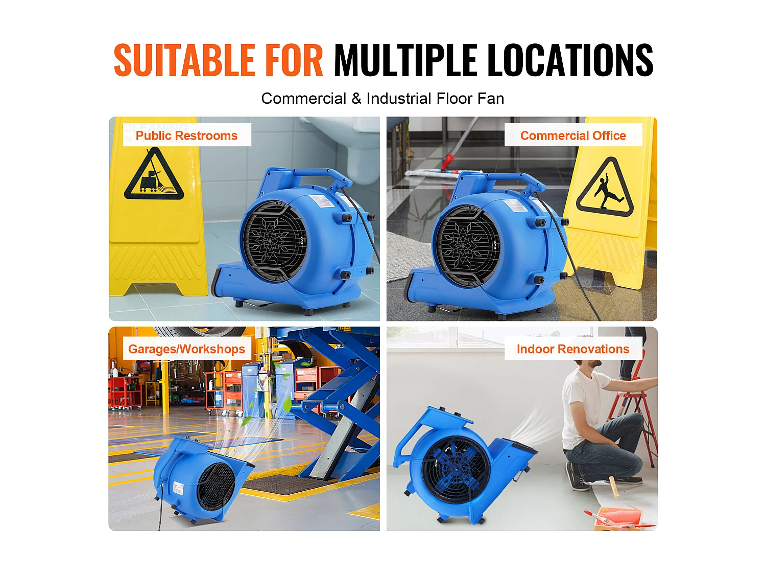 Souffleur de Sol SucceBuy - 1250 tr/min, 2600 pi3/min, 4 Angles de Soufflage, 3 Vitesses, Portable pour le Séchage et le Refroidissement