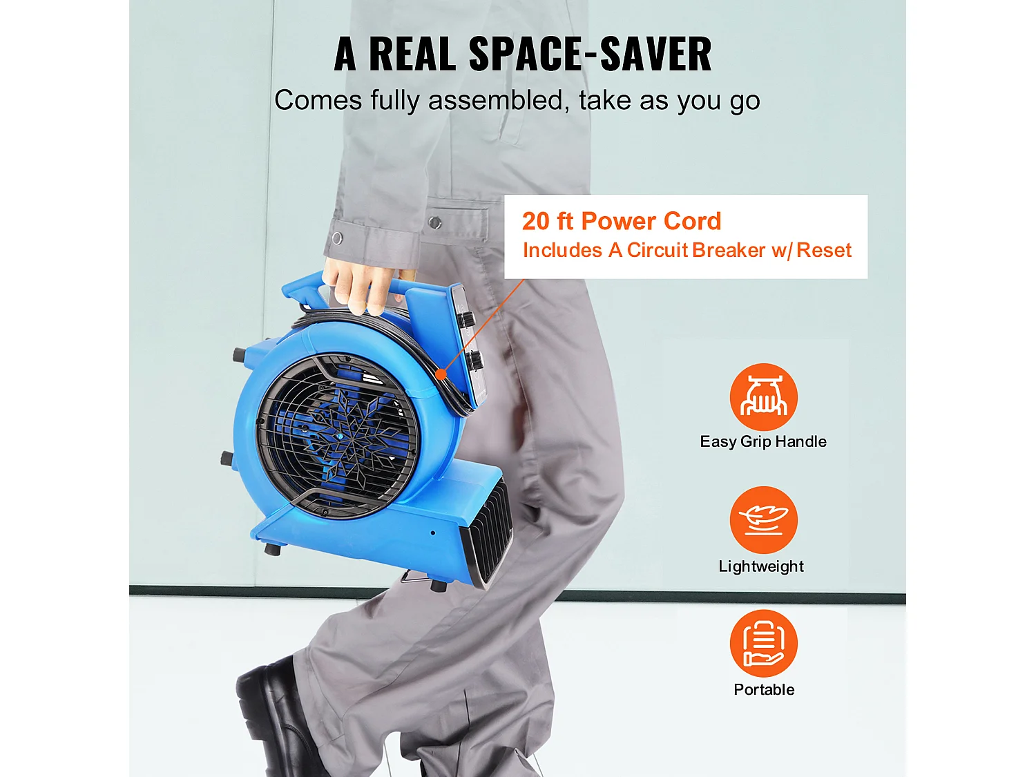 Souffleur de Sol SucceBuy - 1250 tr/min, 2600 pi3/min, 4 Angles de Soufflage, 3 Vitesses, Portable pour le Séchage et le Refroidissement