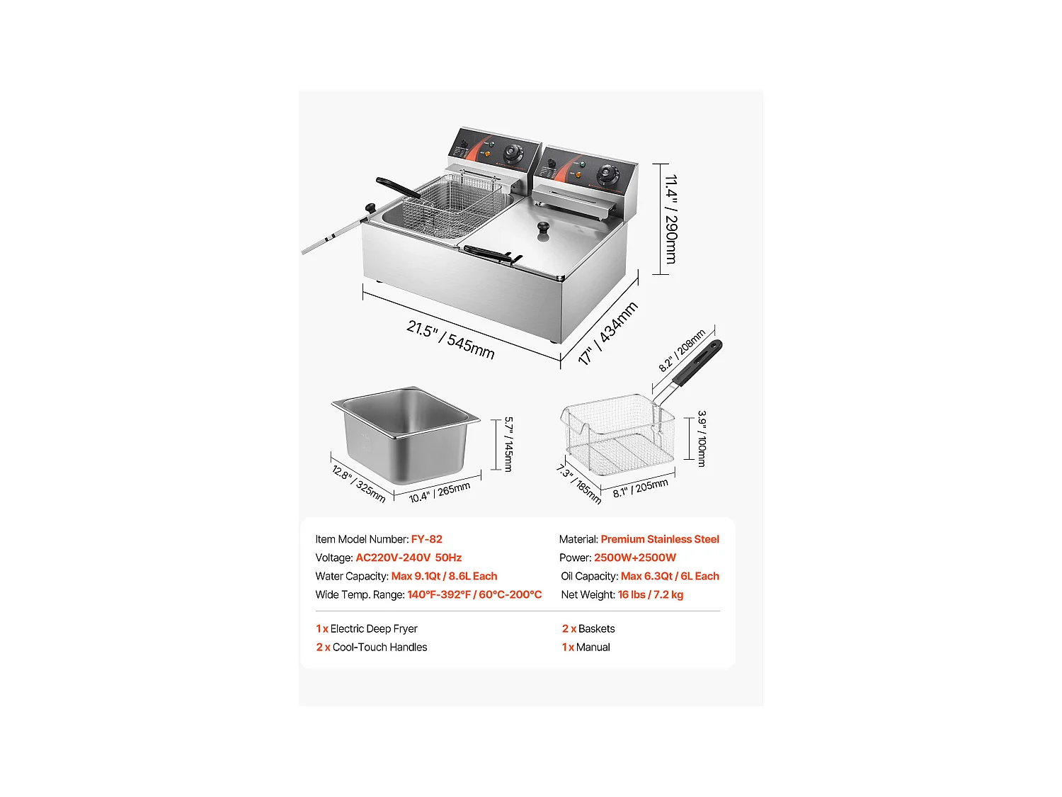 Friteuse SucceBuy 5000W 12L Friteuse Électrique Commerciale à Double Réservoir en Acier Inoxydable