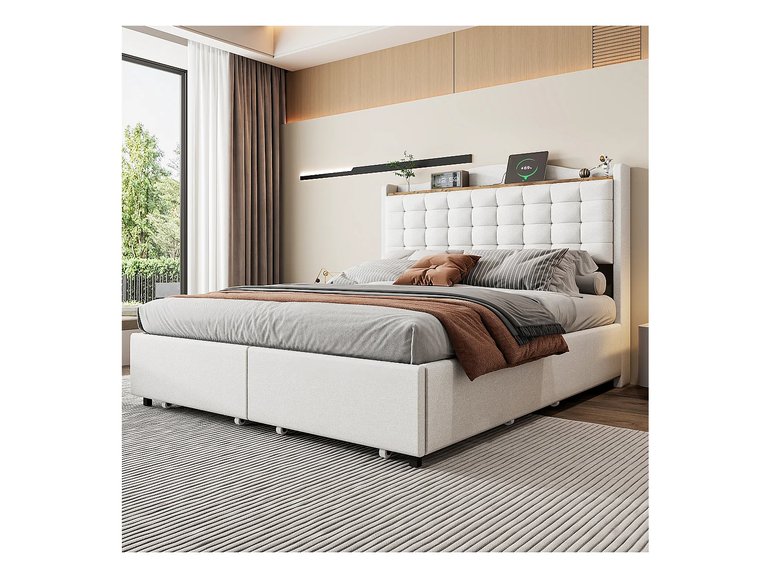 Lit adulte 140x200 cm - Cadre de lit avec chargement USB et 4 tiroirs - lin beige - sans matelas