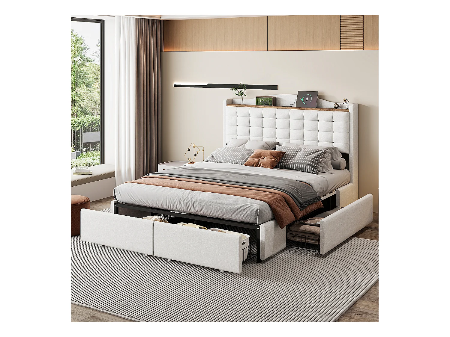 Lit adulte 140x200 cm - Cadre de lit avec chargement USB et 4 tiroirs - lin beige - sans matelas