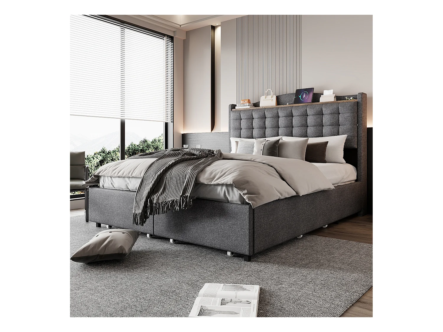 Łóżko dla dorosłych 140x200 cm - Łóżko podwójne z ładowaniem USB i 4 szufladami - szary len - bez materaca