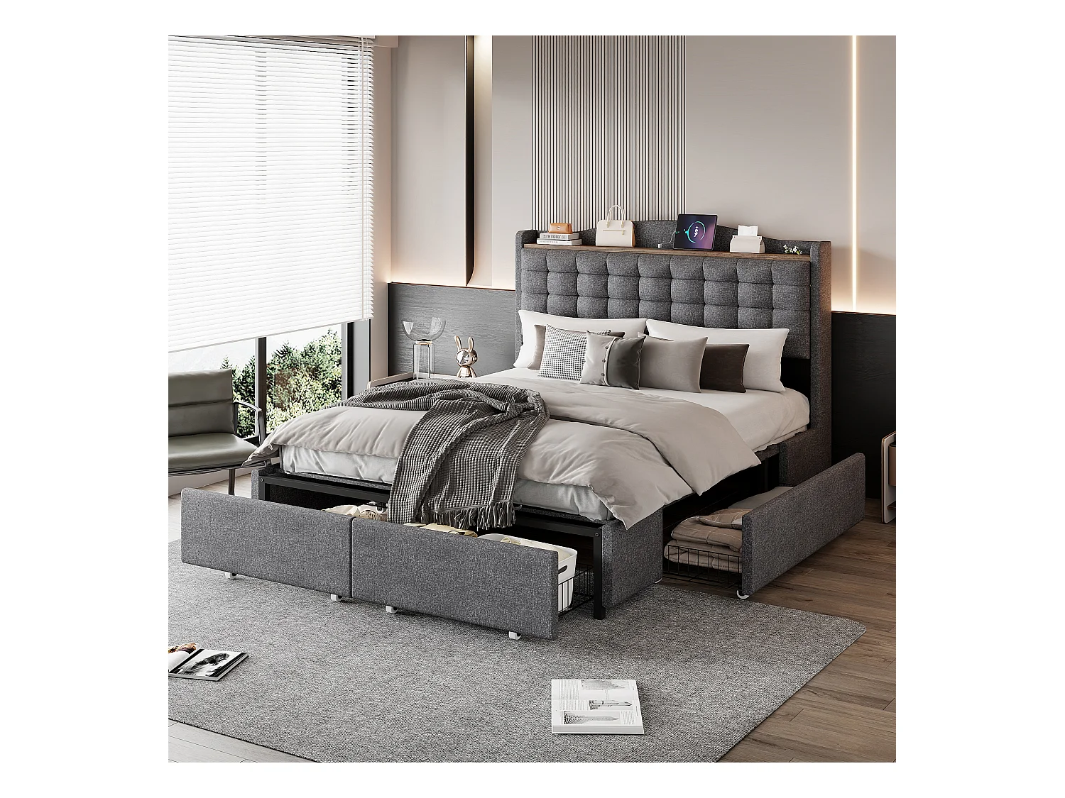 Lit adulte 140x200 cm - Cadre de lit avec chargement USB et 4 tiroirs - lin gris - sans matelas