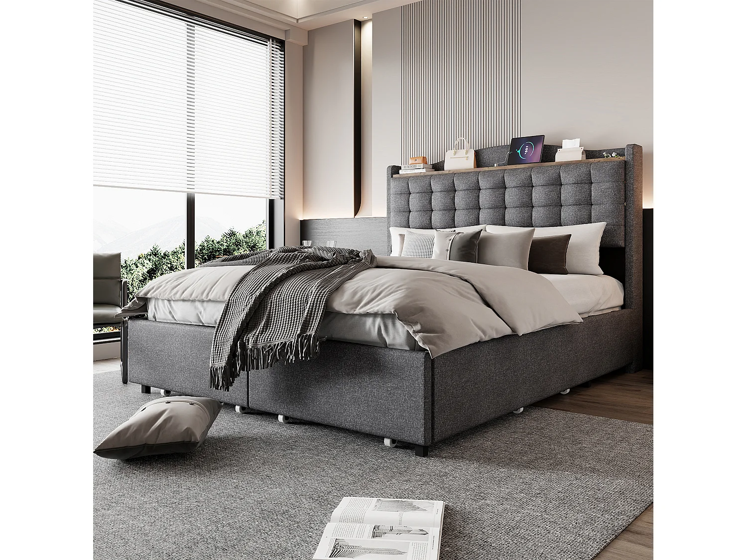 Lit adulte 140x200 cm - Cadre de lit avec chargement USB et 4 tiroirs - lin gris - sans matelas