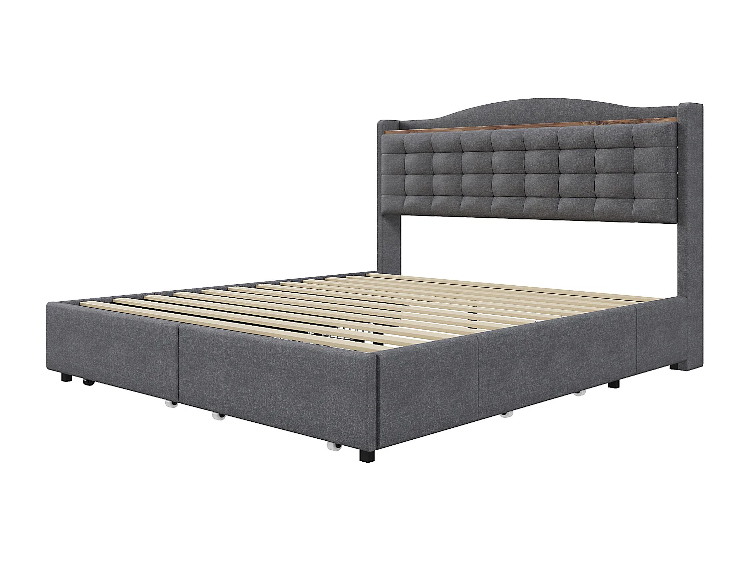 Lit adulte 140x200 cm - Cadre de lit avec chargement USB et 4 tiroirs - lin gris - sans matelas