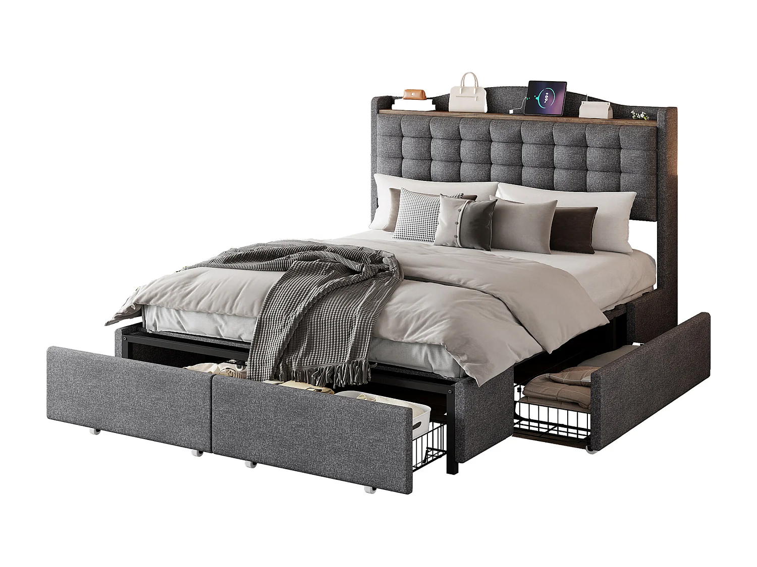 Lit adulte 140x200 cm - Cadre de lit avec chargement USB et 4 tiroirs - lin gris - sans matelas