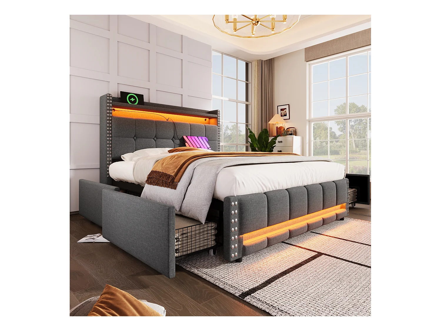 Łóżko dla dorosłych 140x200 cm - Łóżko podwójne z 4 szufladami i oświetleniem LED - stolik nocny z portem USB i schowkiem - len szary