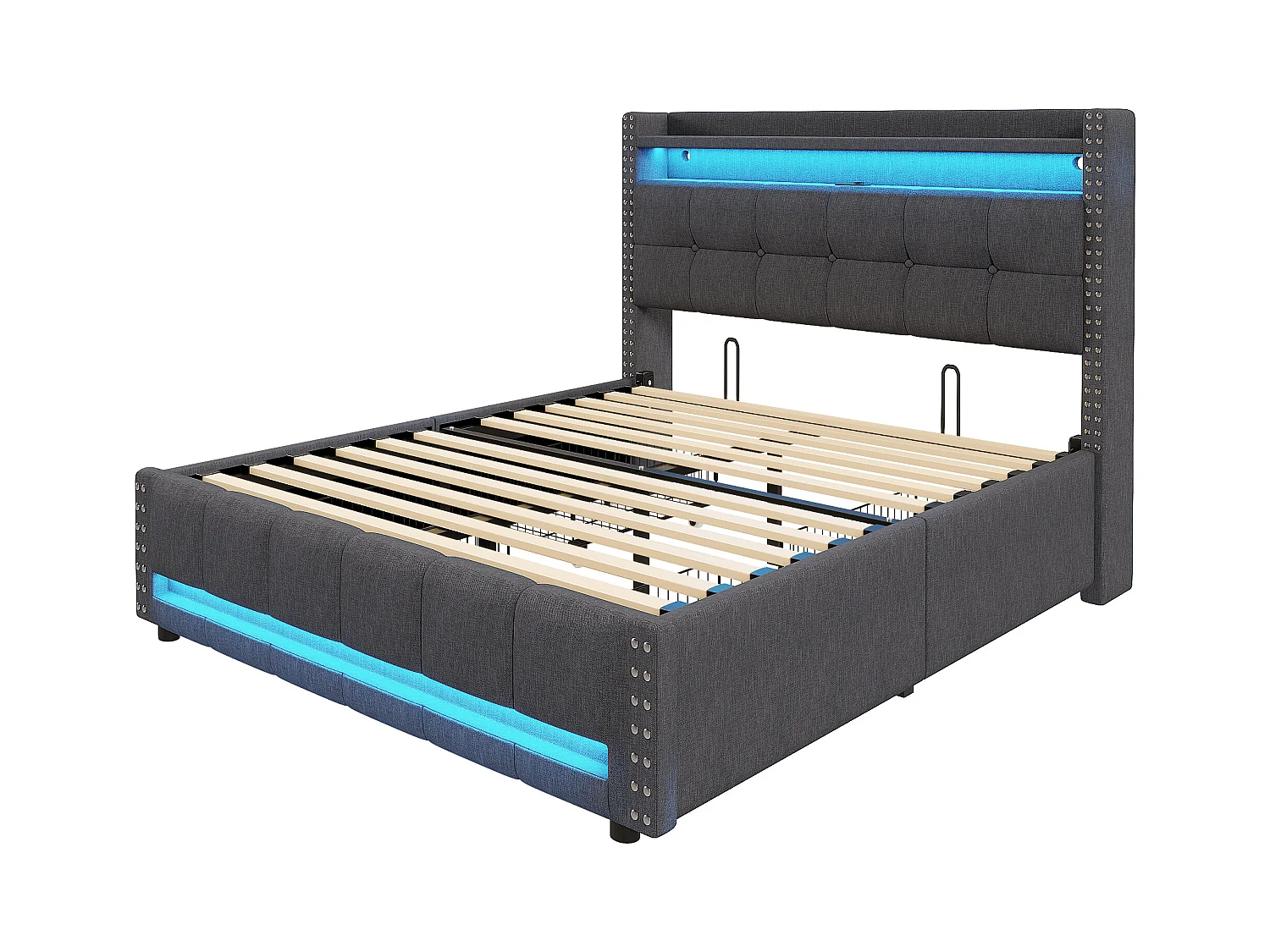 Łóżko dla dorosłych 140x200 cm - Łóżko podwójne z 4 szufladami i oświetleniem LED - stolik nocny z portem USB i schowkiem - len szary