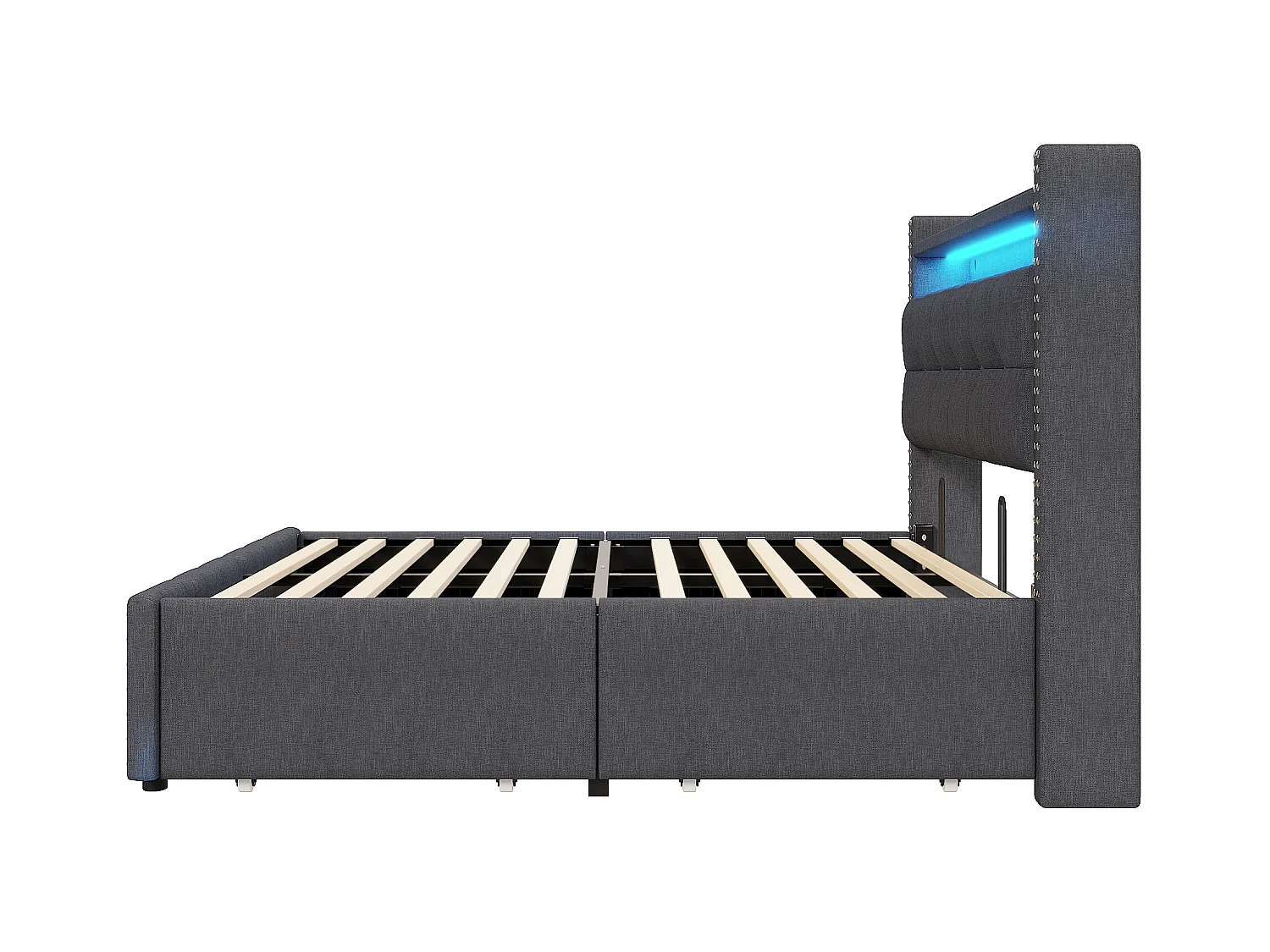 Letto per adulti 140 x 200 cm - Struttura letto con 4 cassetti e illuminazione a LED - comodino con porta USB e contenitore - lino grigio