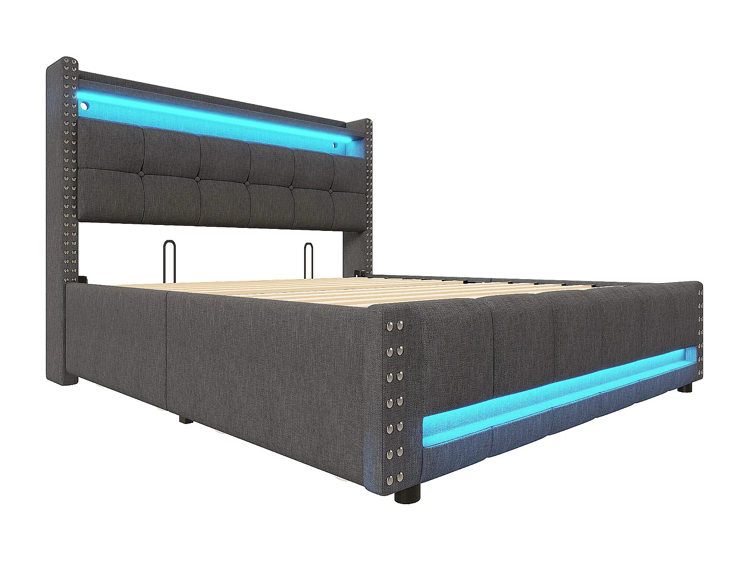 Łóżko dla dorosłych 140x200 cm - Łóżko podwójne z 4 szufladami i oświetleniem LED - stolik nocny z portem USB i schowkiem - len szary