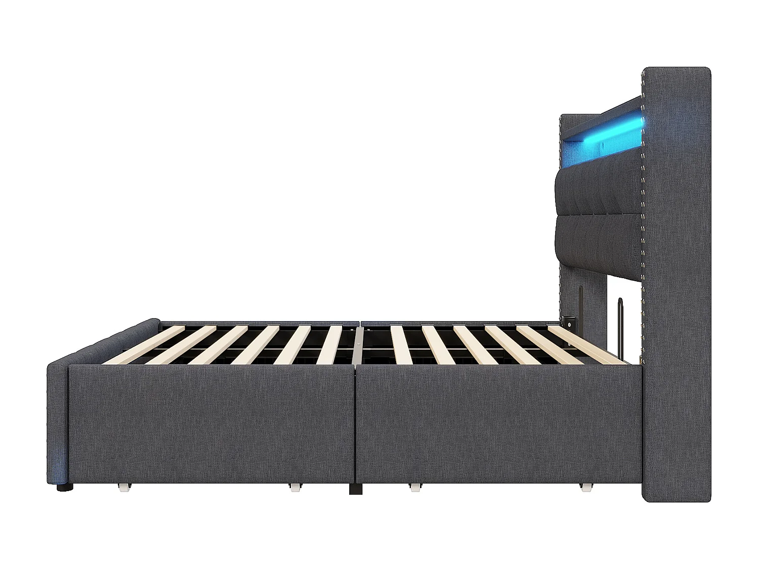 Łóżko dla dorosłych 140x200 cm - Łóżko podwójne z 4 szufladami i oświetleniem LED - stolik nocny z portem USB i schowkiem - len szary