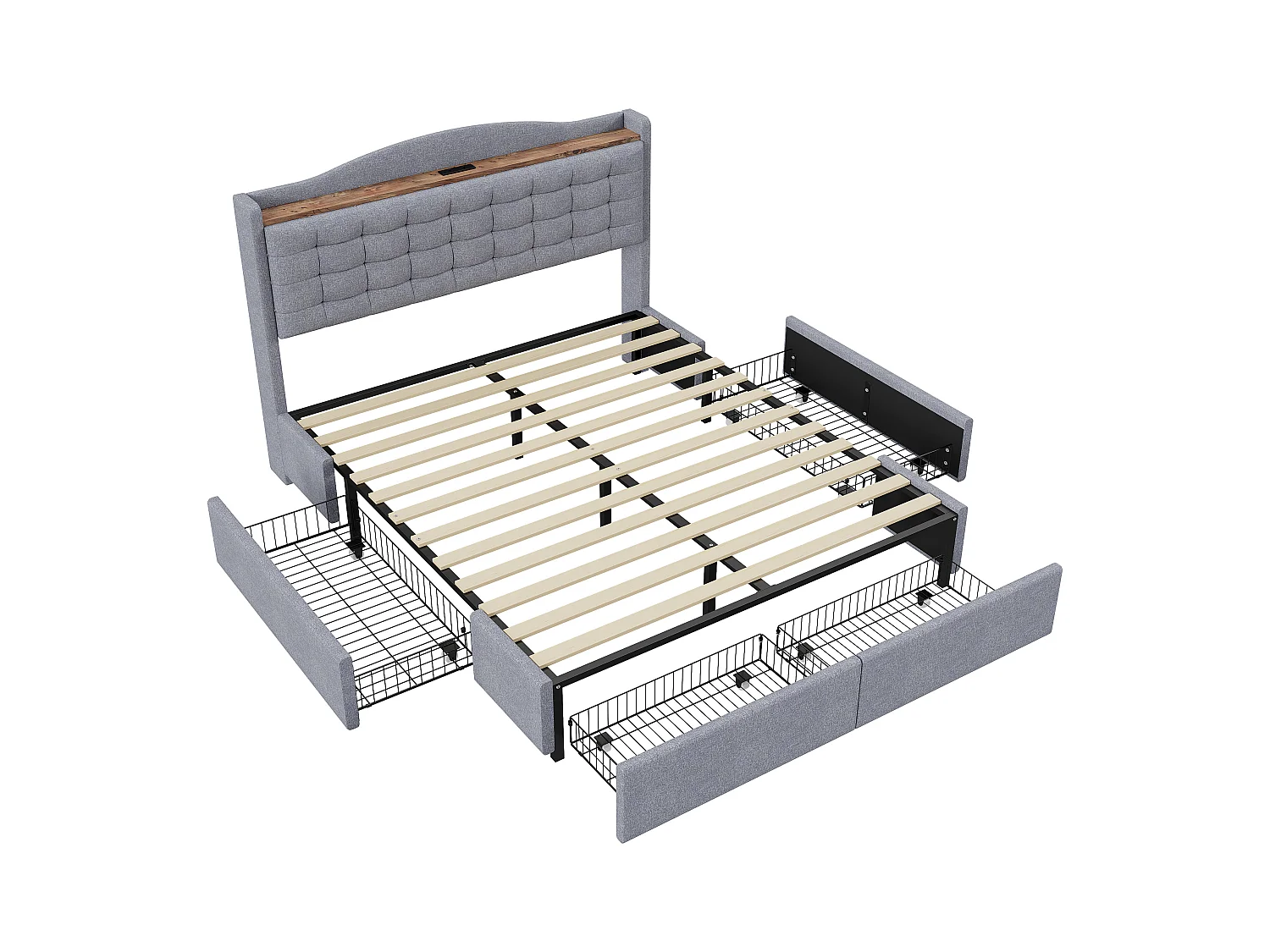 Lit adulte 160x200 cm - Cadre de lit avec chargement USB et 4 tiroirs - lin gris clair - sans matelas