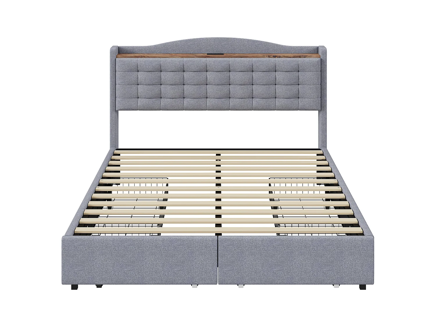 Lit adulte 160x200 cm - Cadre de lit avec chargement USB et 4 tiroirs - lin gris clair - sans matelas
