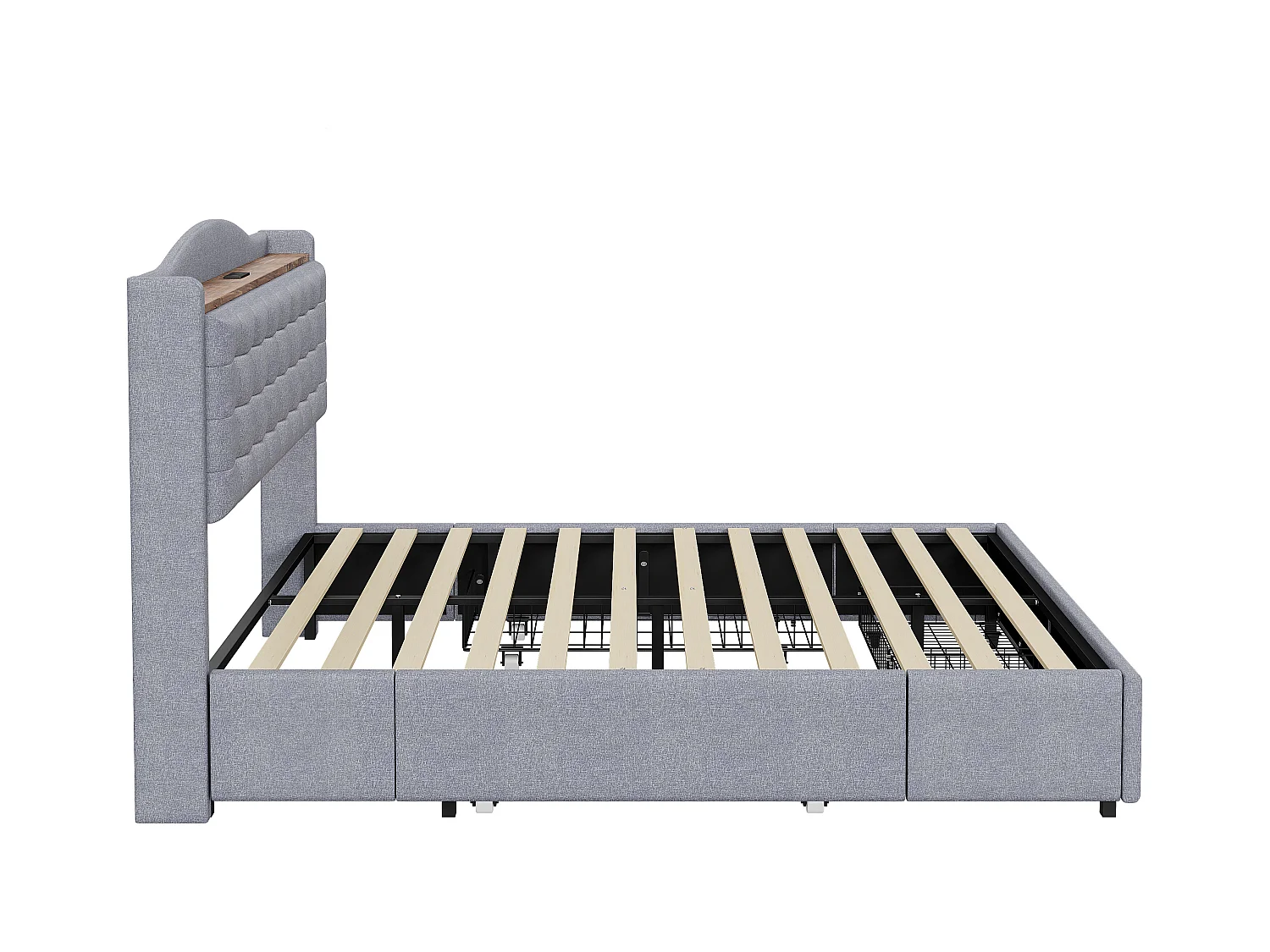 Lit adulte 160x200 cm - Cadre de lit avec chargement USB et 4 tiroirs - lin gris clair - sans matelas