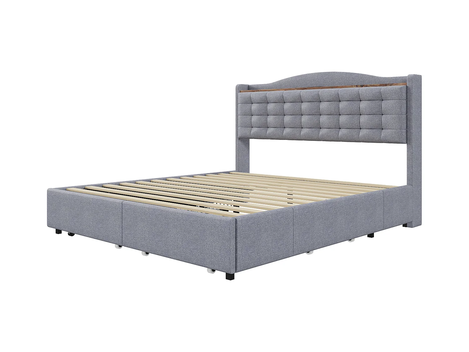 Lit adulte 160x200 cm - Cadre de lit avec chargement USB et 4 tiroirs - lin gris clair - sans matelas