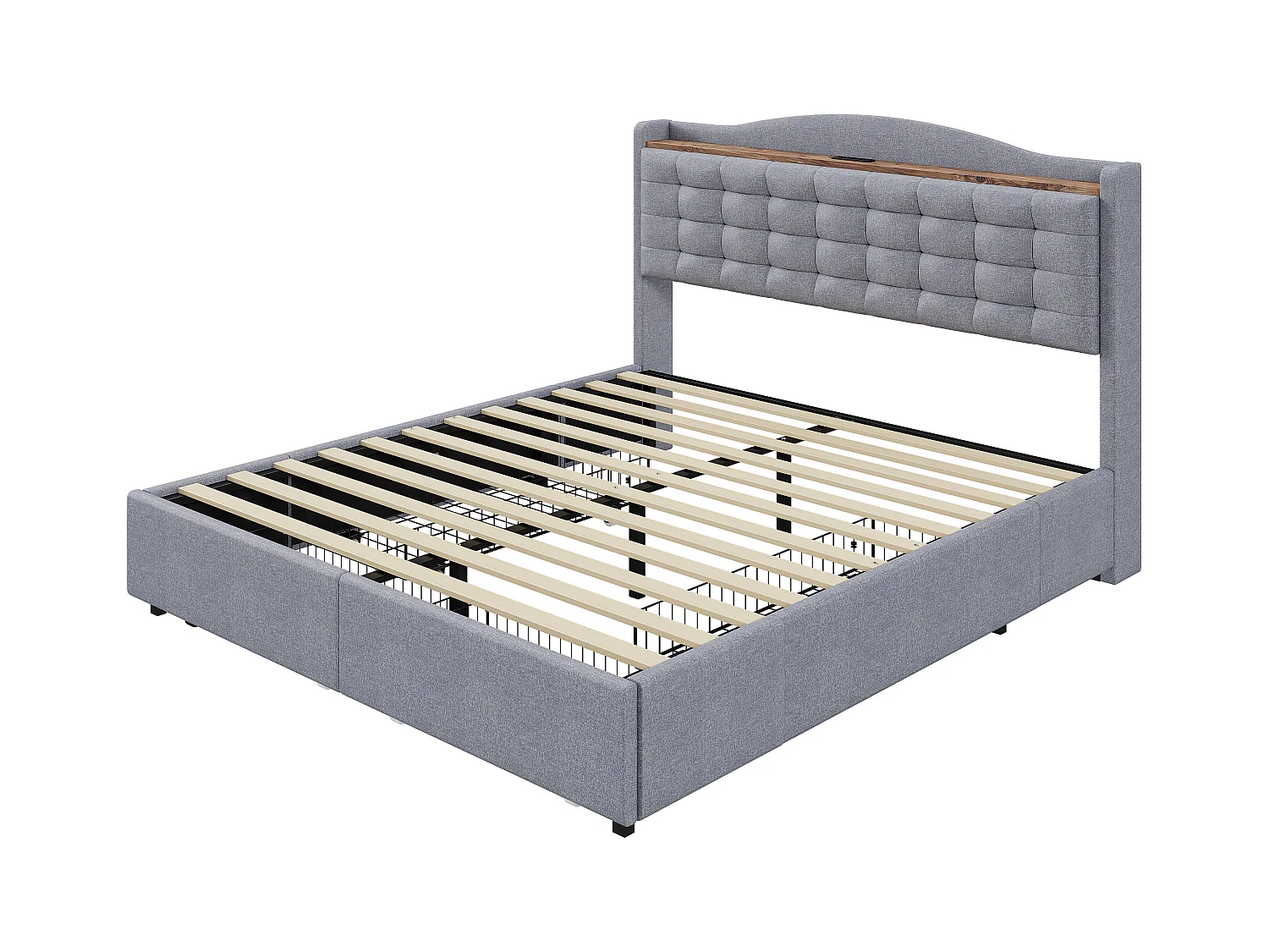 Lit adulte 160x200 cm - Cadre de lit avec chargement USB et 4 tiroirs - lin gris clair - sans matelas